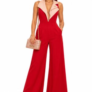 PARIS VALTADOROS Red Elegance – Κόκκινη Ολόσωμη Φόρμα με Contrast Γιακά